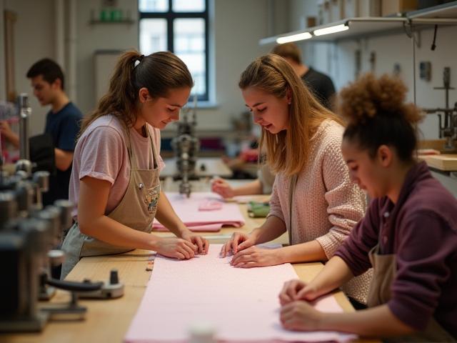 Students engaged in a hands-on textile workshop at Emirates Wool Textiles